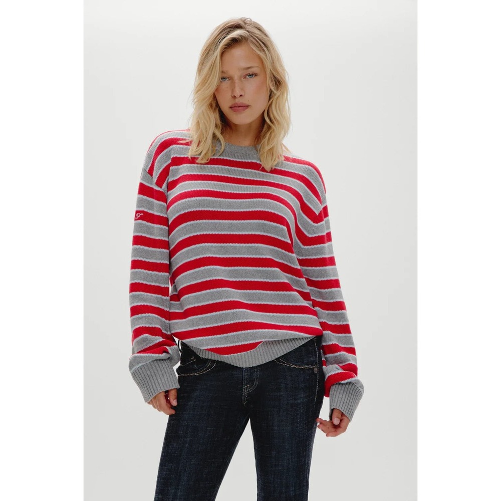 Frankies Bikinis Sloane Oversized Knit Cotton Striped Crewneck Sweater Size xs